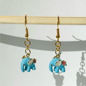 Blue Elephant Dangle Earrings Gold Accent Enameled Minimalist Kids